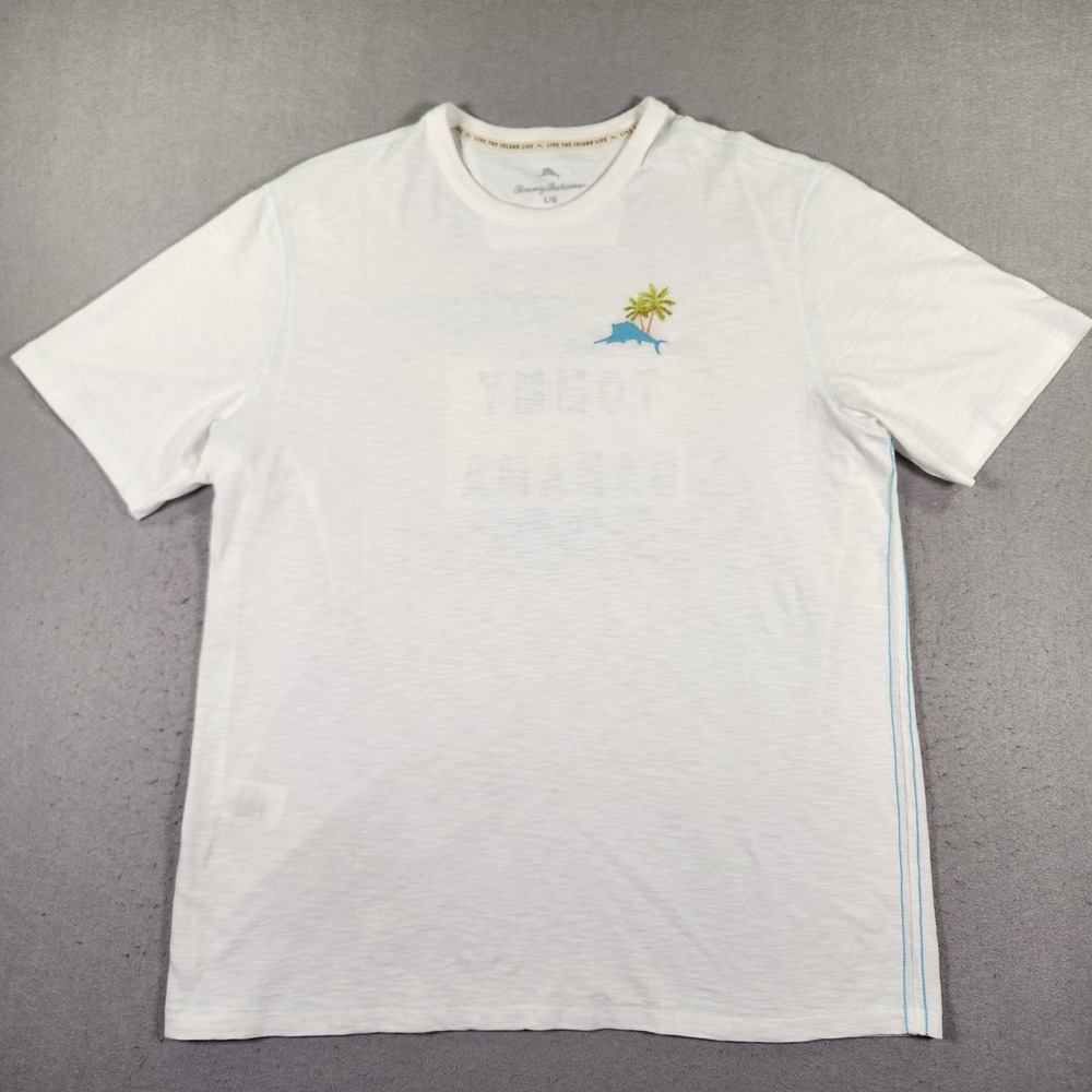 Tommy Bahama Mens L White Graphic T-Shirt Live the Island Life Cotton